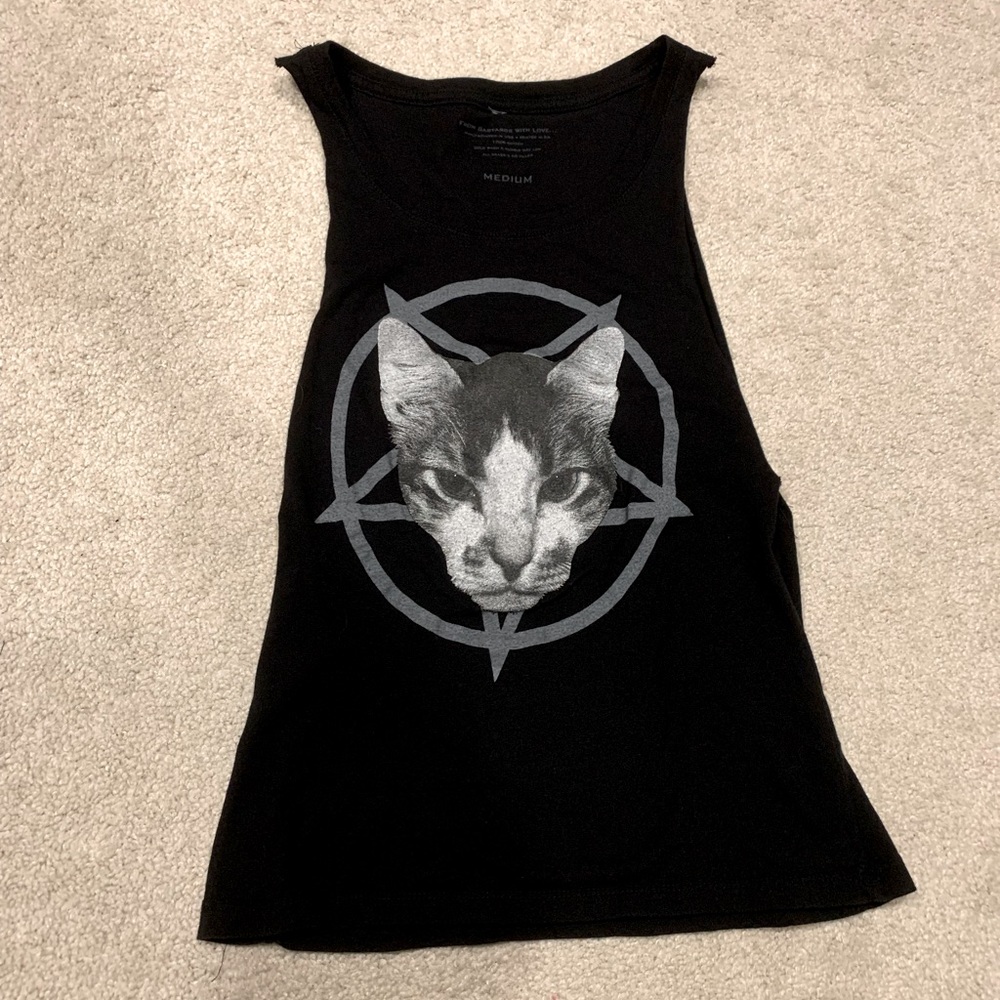 Industry Bastards pentagram cat head sleeveless muscle tee, size medium women’s